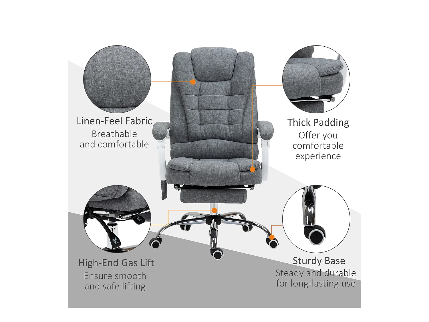 Fauteuil de bureau direction massant chauffant hauteur réglable dossier inclinable tissu gris