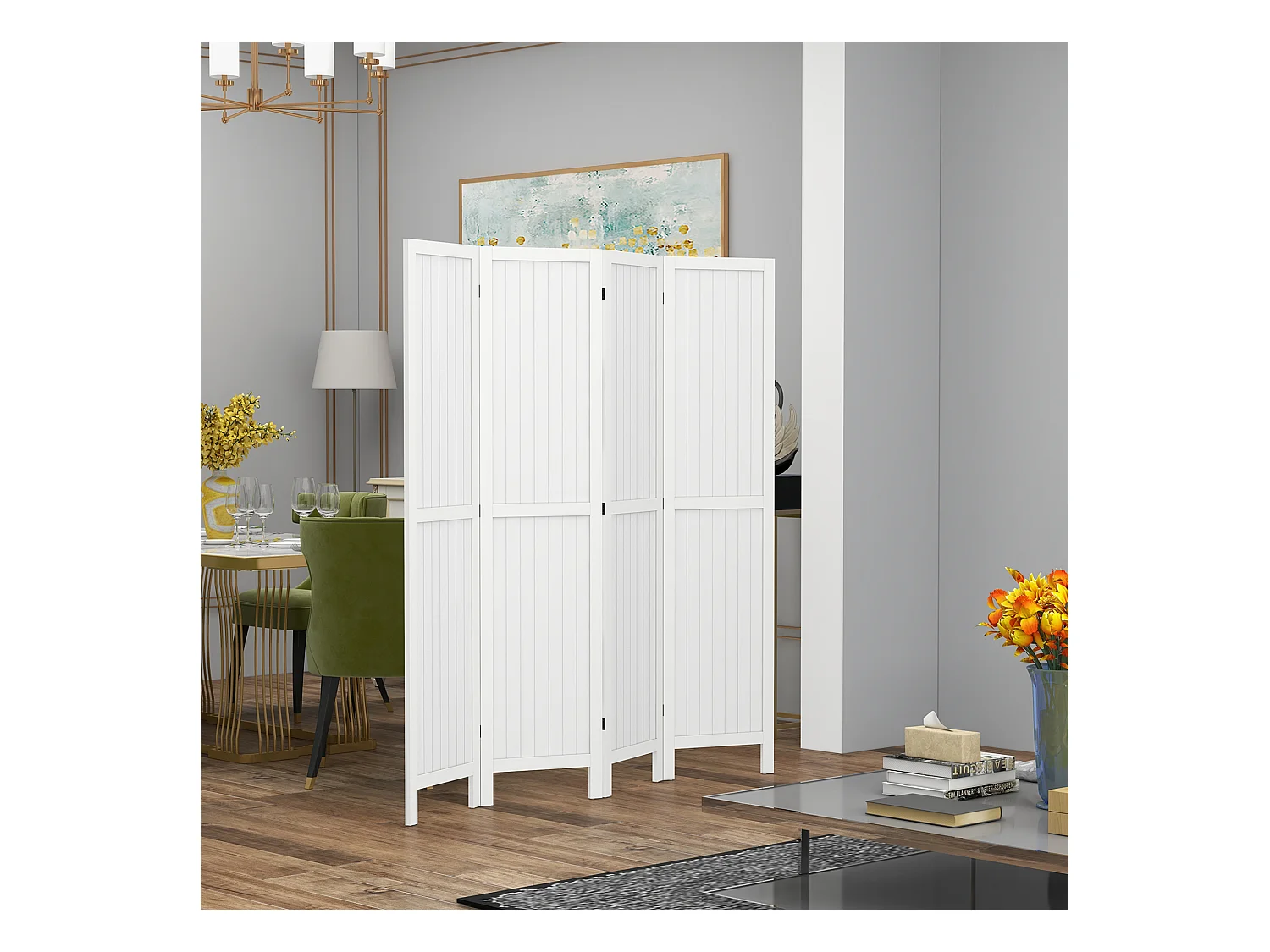 Paravent intérieur 4 panneaux style rustique chic - séparateur de pièce avec rainures verticales - bois de paulownia blanc