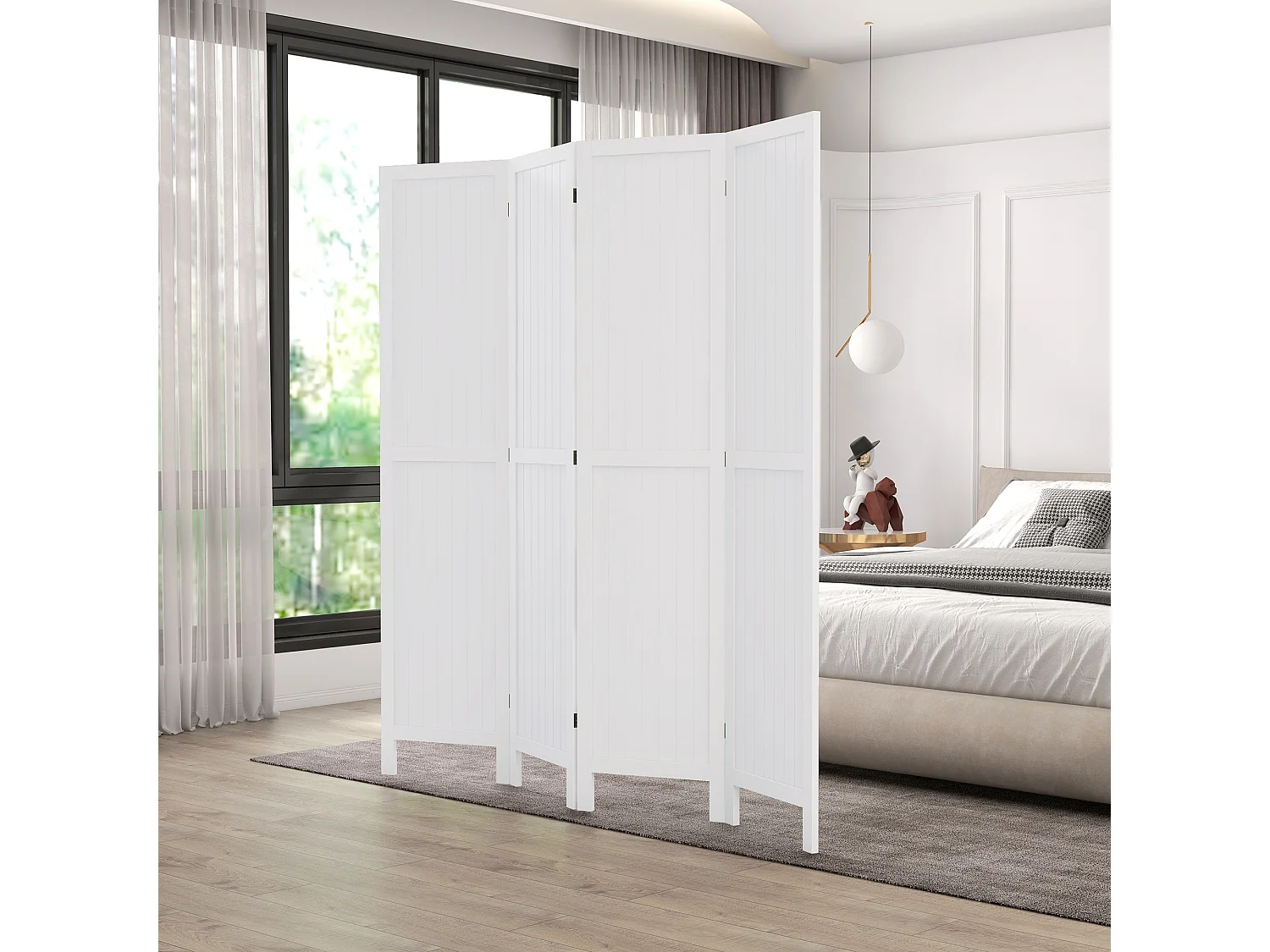 Paravent intérieur 4 panneaux style rustique chic - séparateur de pièce avec rainures verticales - bois de paulownia blanc