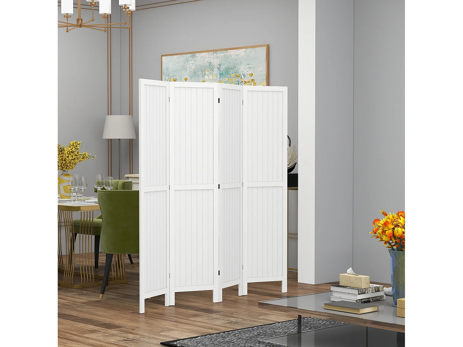 Paravent intérieur 4 panneaux style rustique chic - séparateur de pièce avec rainures verticales - bois de paulownia blanc