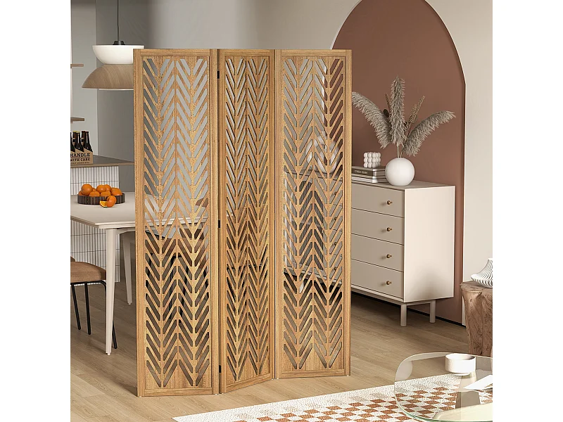 Paravent intérieur ajouré 3 panneaux pliables séparateur de pièce bois de paulownia verni