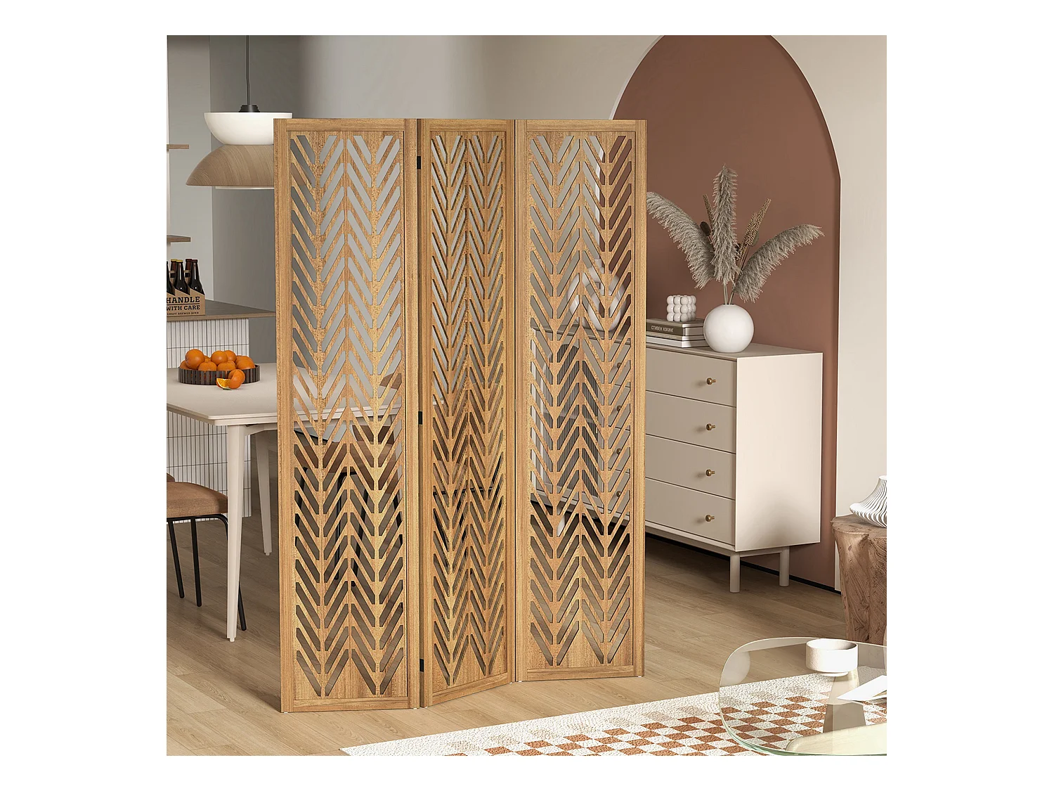 Paravent intérieur ajouré 3 panneaux pliables séparateur de pièce bois de paulownia verni