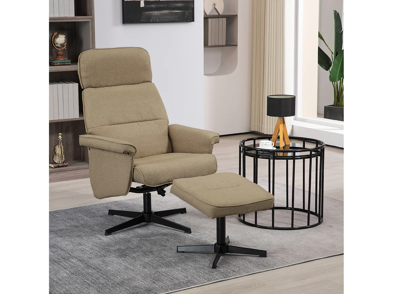 Fauteuil relax style contemporain - dossier inclinable, repose-pied - piètement acier noir revêtement tissu camel