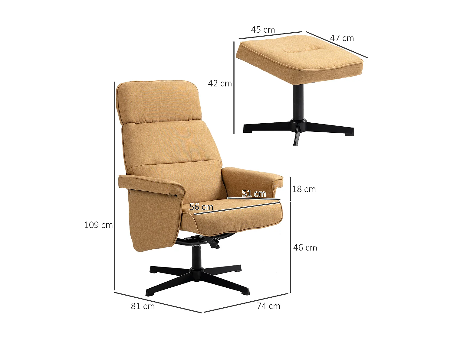 Fauteuil relax style contemporain - dossier inclinable, repose-pied - piètement acier noir revêtement tissu camel