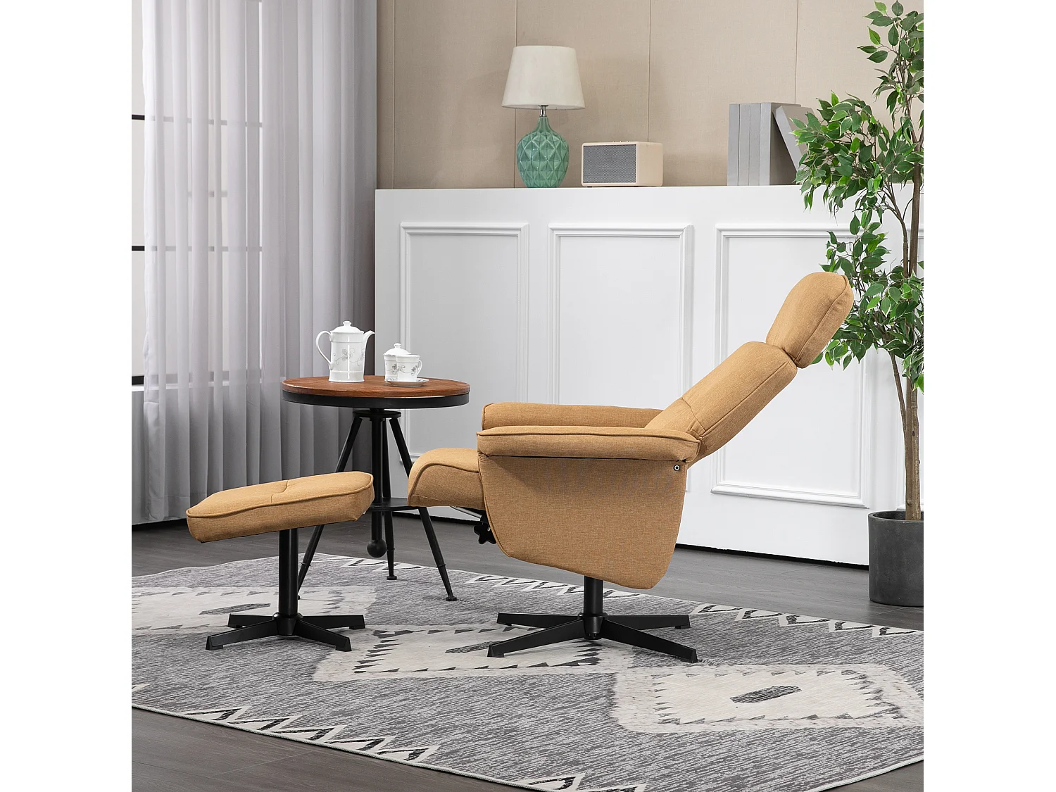 Fauteuil relax style contemporain - dossier inclinable, repose-pied - piètement acier noir revêtement tissu camel