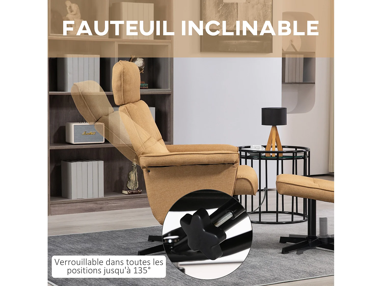 Fauteuil relax style contemporain - dossier inclinable, repose-pied - piètement acier noir revêtement tissu camel