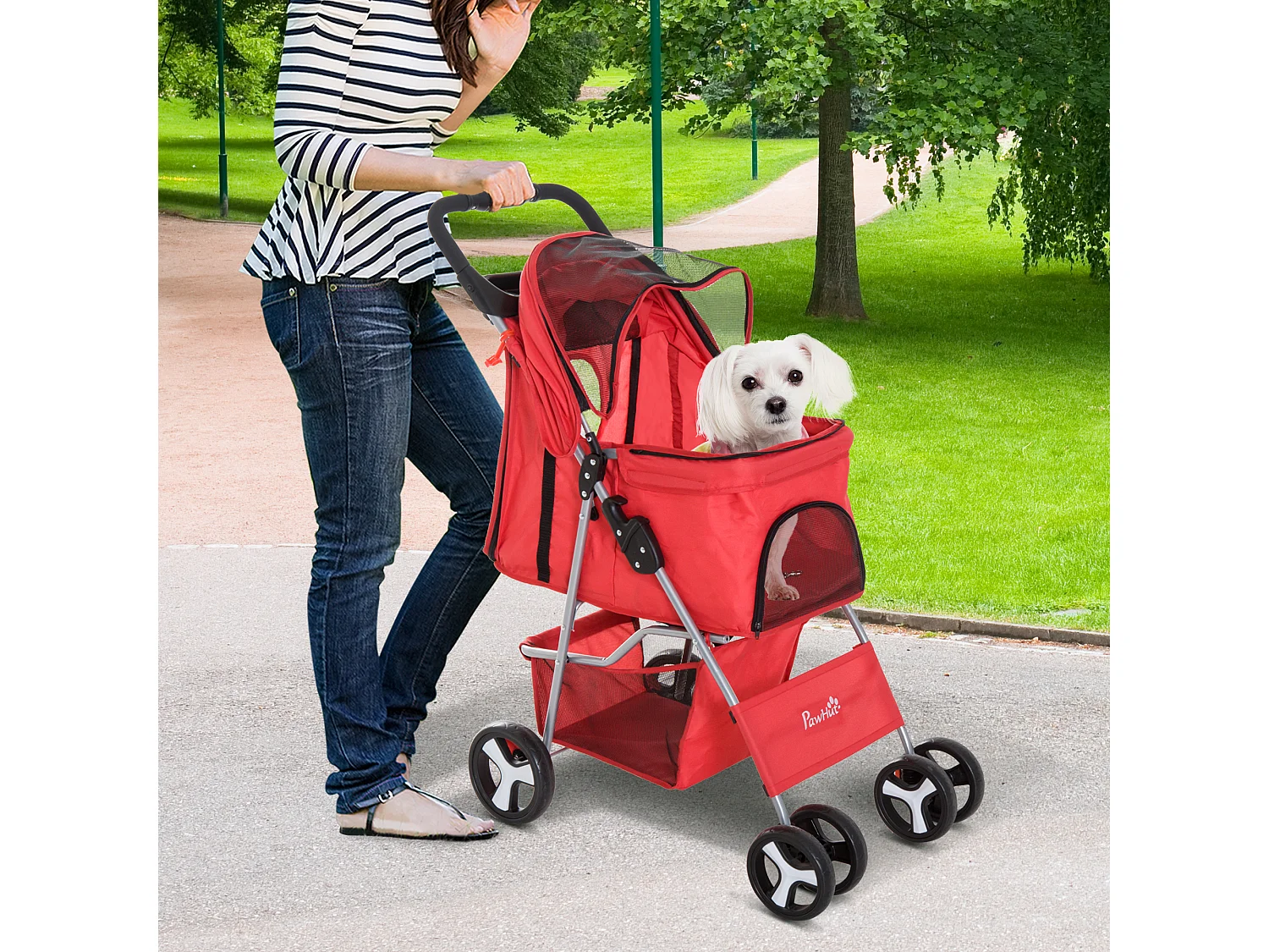 Poussette buggy pour chiens 75L x 46l x 94H cm pliable imperméable tissu 600D Oxford 4 roues rouge