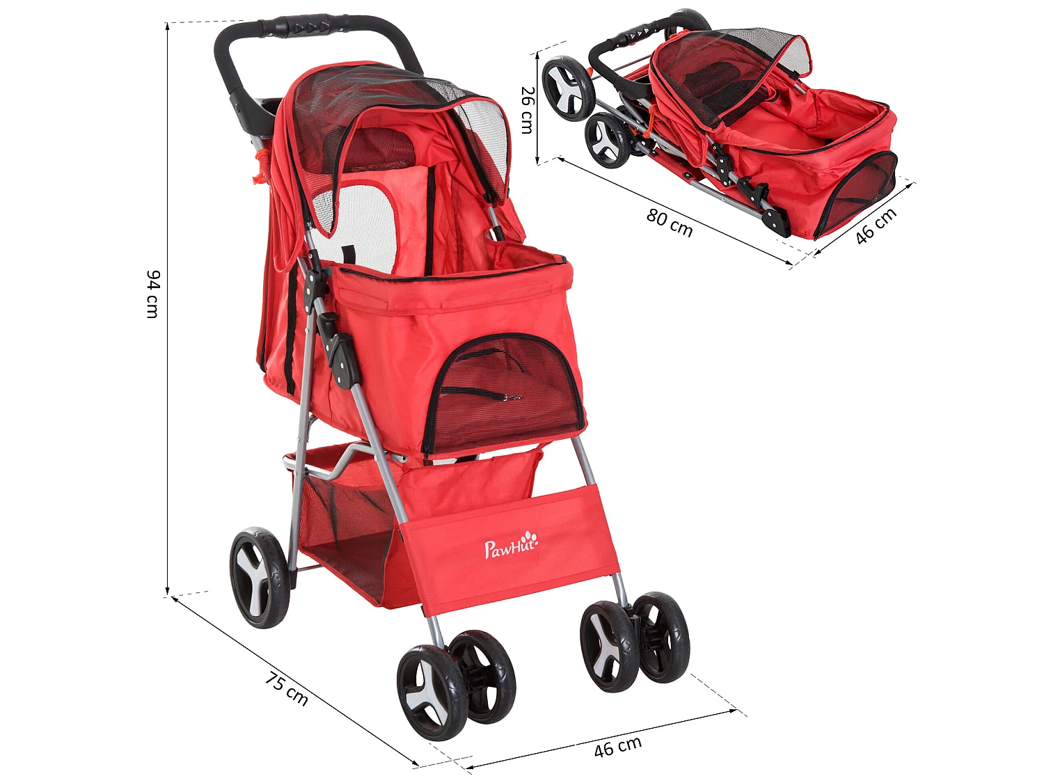 Poussette buggy pour chiens 75L x 46l x 94H cm pliable imperméable tissu 600D Oxford 4 roues rouge