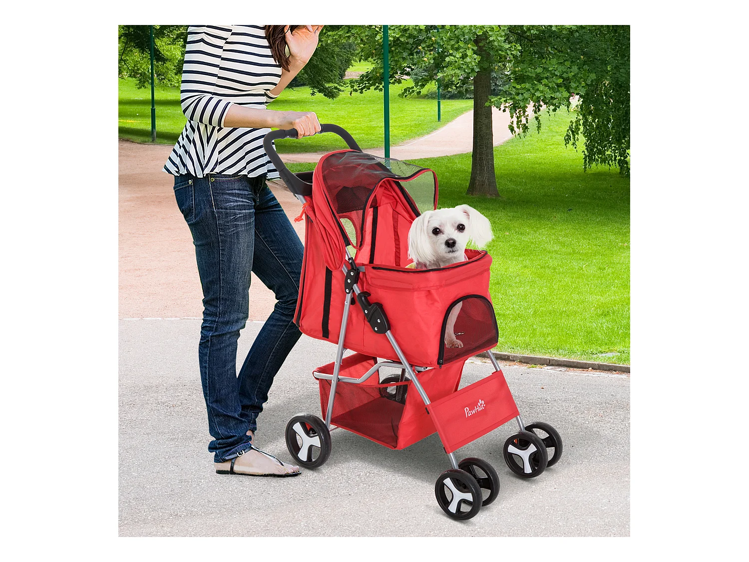 Poussette buggy pour chiens 75L x 46l x 94H cm pliable imperméable tissu 600D Oxford 4 roues rouge