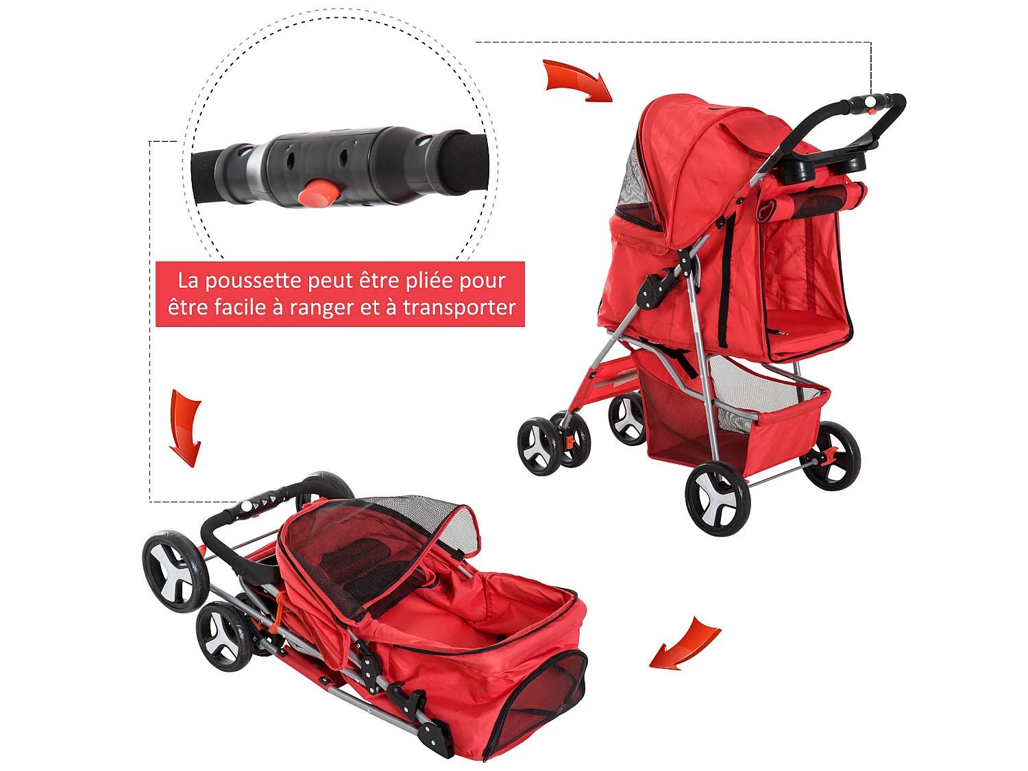 Poussette buggy pour chiens 75L x 46l x 94H cm pliable imperméable tissu 600D Oxford 4 roues rouge
