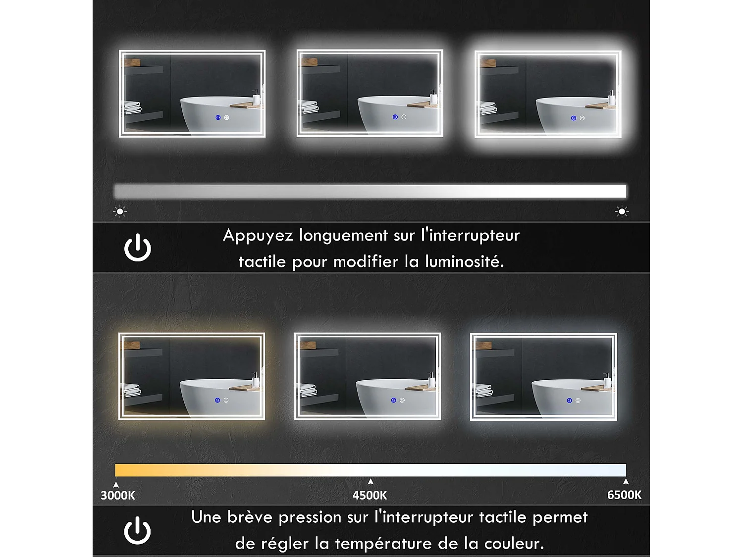 Miroir LED mural de salle de bain - 100L x 60H cm - luminosité réglable 3 couleurs - interrupteur tactile - système antibué