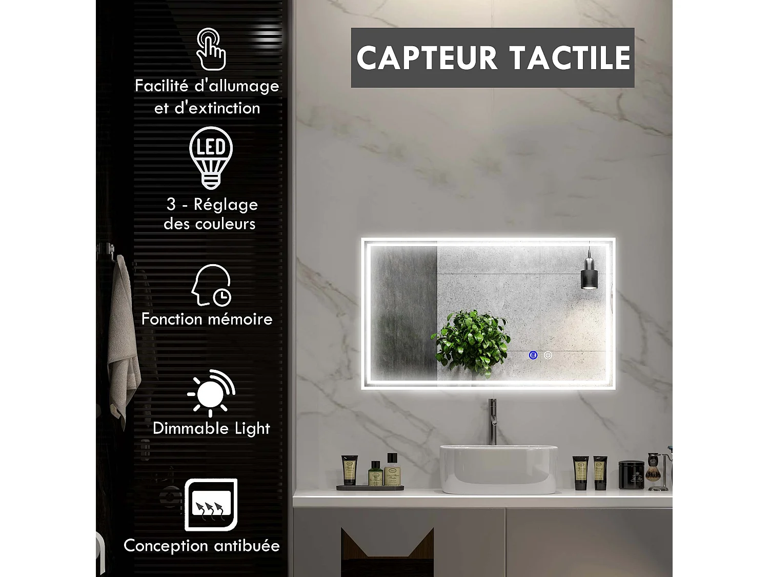 Miroir LED mural de salle de bain - 100L x 60H cm - luminosité réglable 3 couleurs - interrupteur tactile - système antibué