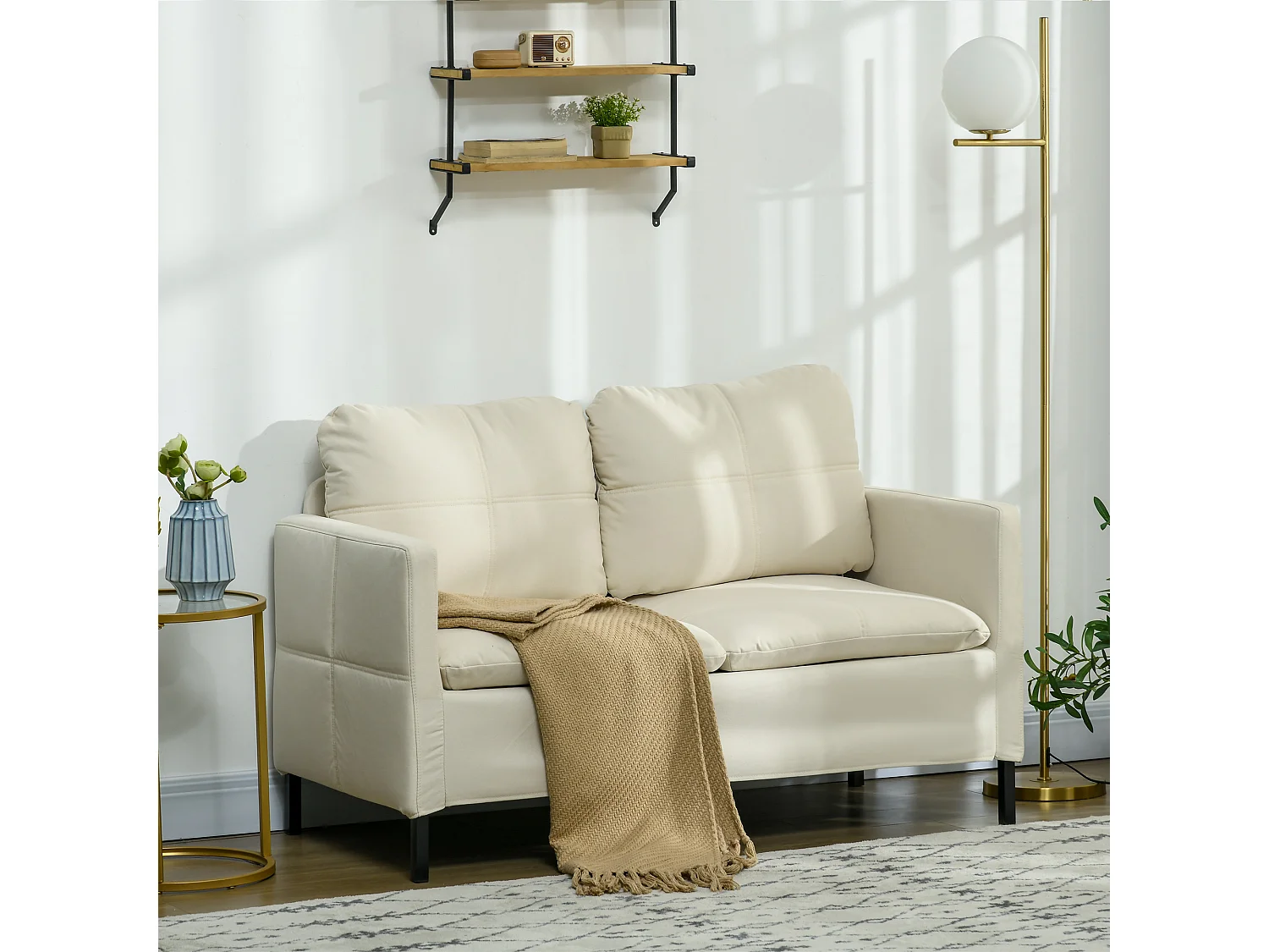 Canapé 2 places design contemporain - surpiqûres effet capitonné - piètement acier noir tissu crème