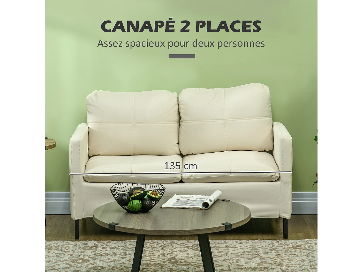 Canapé 2 places design contemporain - surpiqûres effet capitonné - piètement acier noir tissu crème