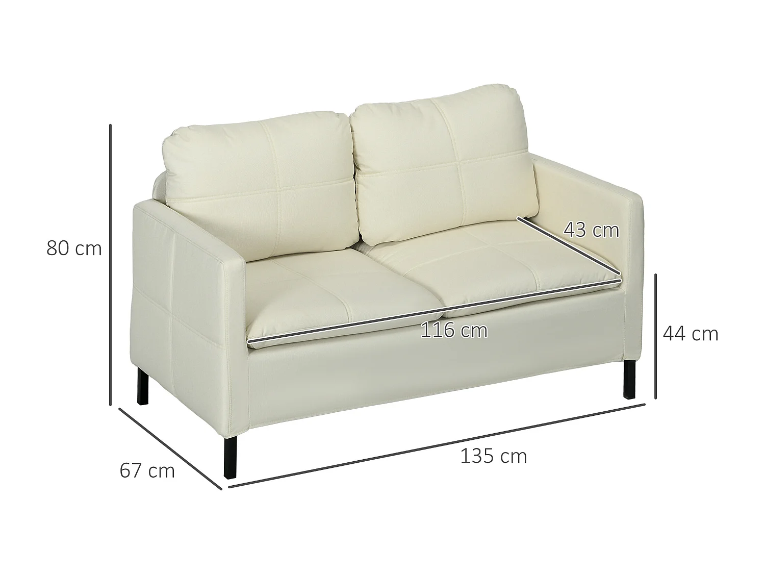 Canapé 2 places design contemporain - surpiqûres effet capitonné - piètement acier noir tissu crème