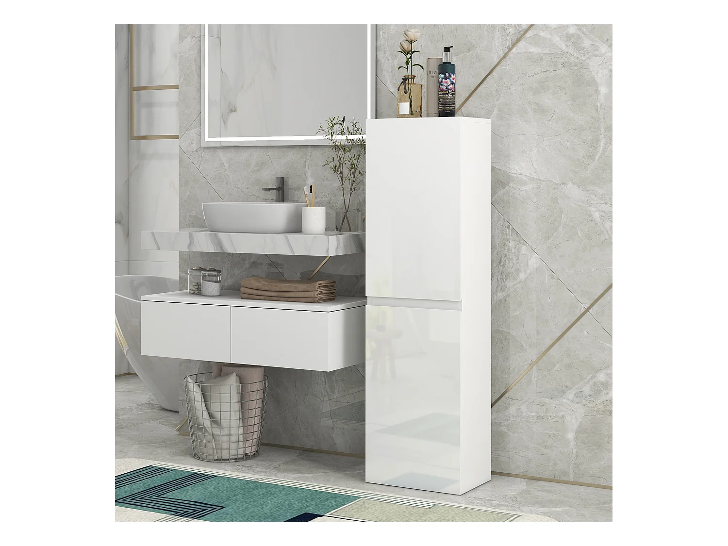 Meuble colonne rangement salle de bain style contemporain façade laquée 2 portes étagères blanc