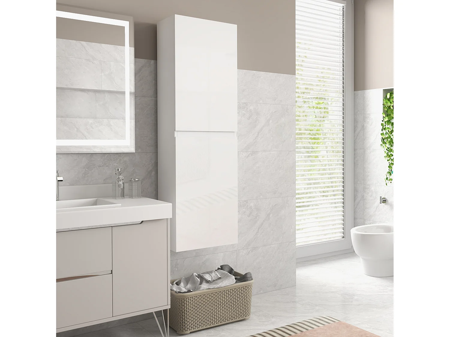 Meuble colonne rangement salle de bain style contemporain façade laquée 2 portes étagères blanc