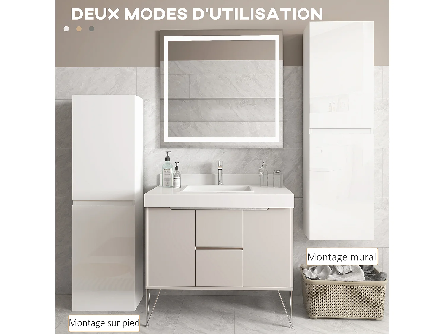 Meuble colonne rangement salle de bain style contemporain façade laquée 2 portes étagères blanc