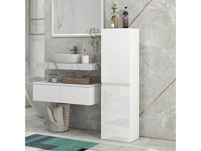 Meuble colonne rangement salle de bain style contemporain façade laquée 2 portes étagères blanc