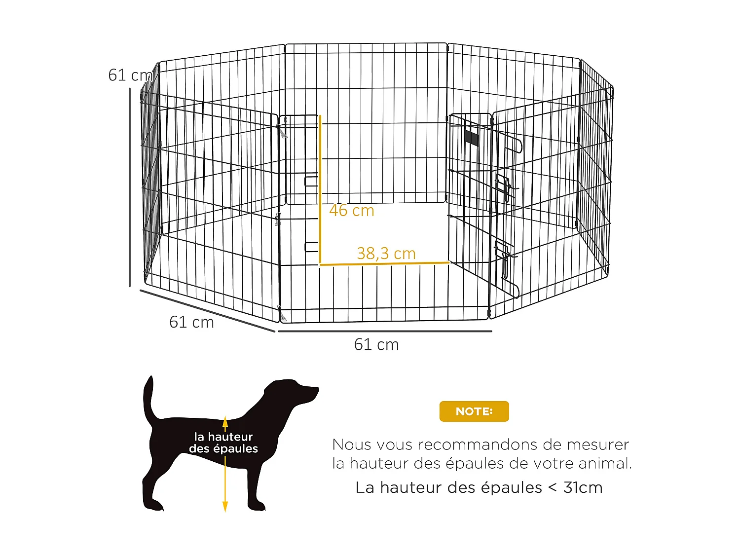 Parc enclos modulable pour chien animaux porte verrouillable 8 panneaux dim. panneau 61L x 61H cm métal noir