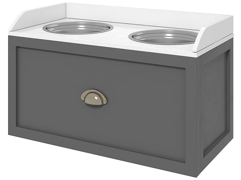 Gamelle double chien chat - porte-gamelles surélevé rangement 2 en 1 - tiroir, 2 gamelles - acier inox. MDF gris blanc