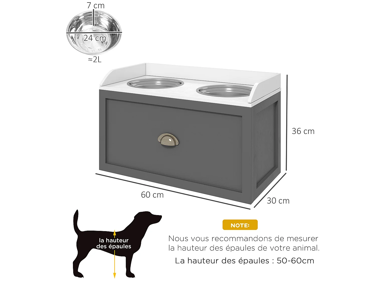 Gamelle double chien chat - porte-gamelles surélevé rangement 2 en 1 - tiroir, 2 gamelles - acier inox. MDF gris blanc