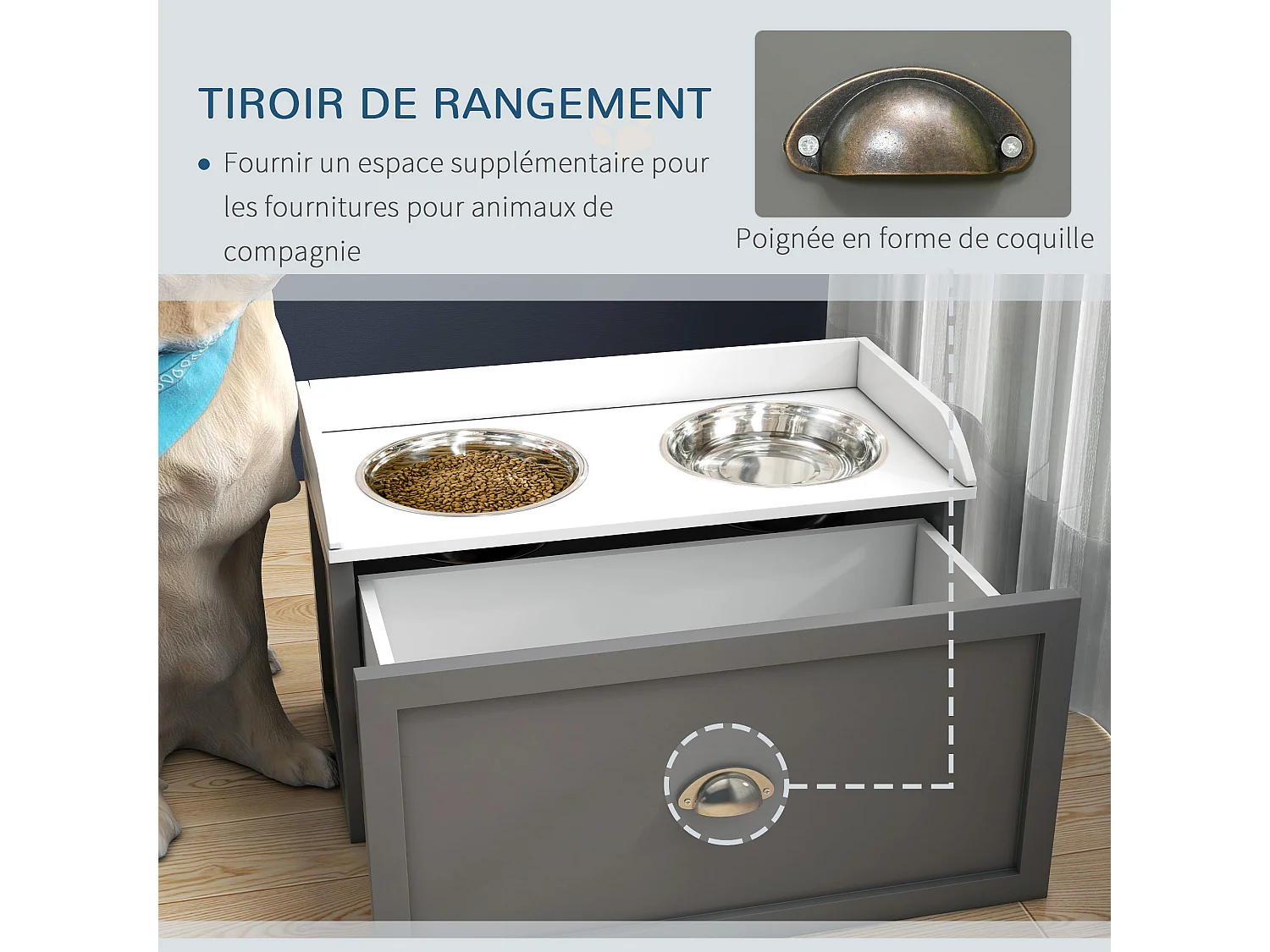Gamelle double chien chat - porte-gamelles surélevé rangement 2 en 1 - tiroir, 2 gamelles - acier inox. MDF gris blanc