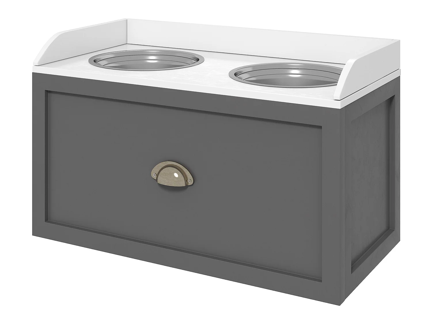 Gamelle double chien chat - porte-gamelles surélevé rangement 2 en 1 - tiroir, 2 gamelles - acier inox. MDF gris blanc