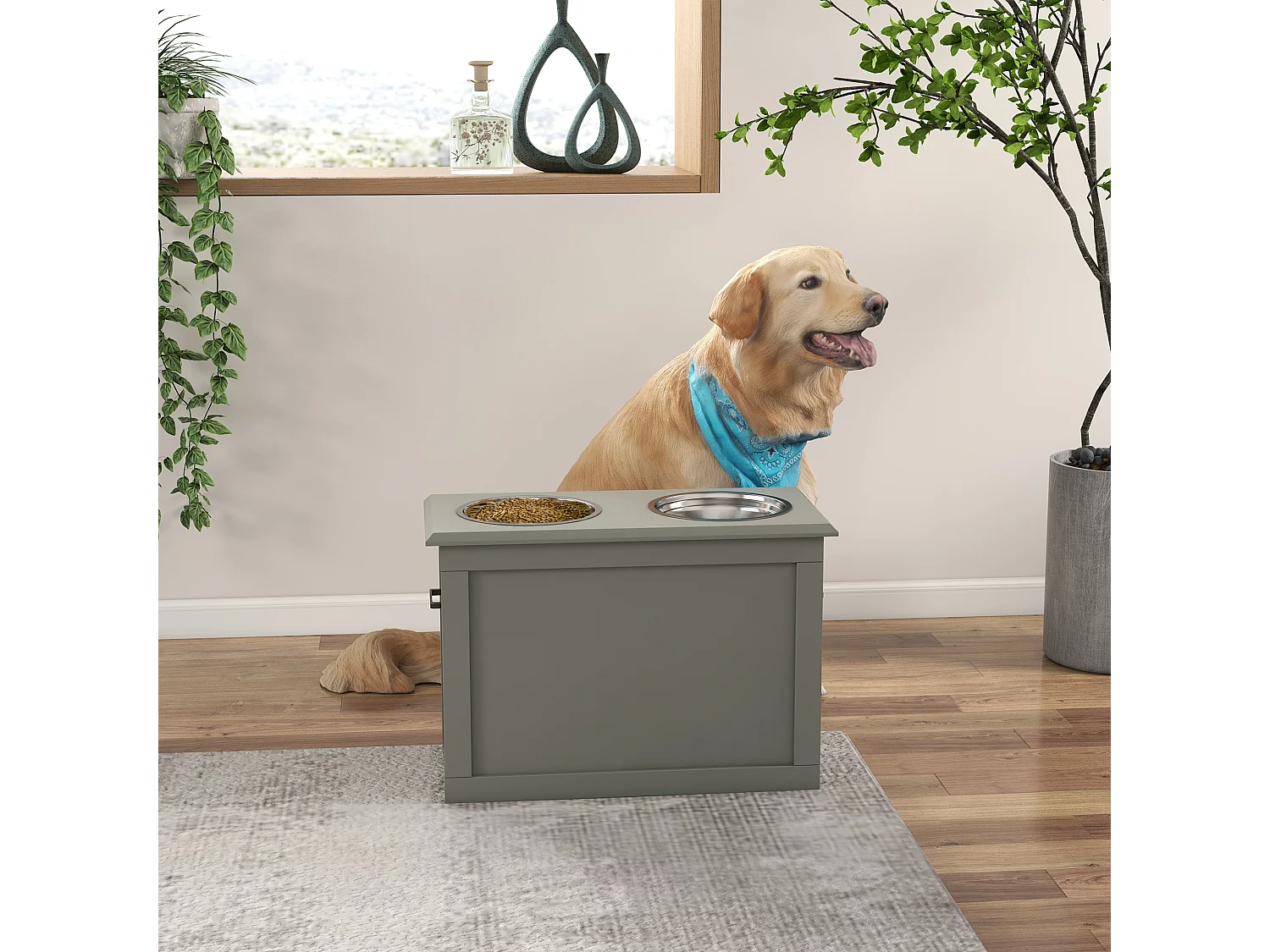 Gamelle double chien chat Porte-gamelles surélevé dim. 60L x 30l x 41H cm 2 gamelles poignées coffre MDF gris