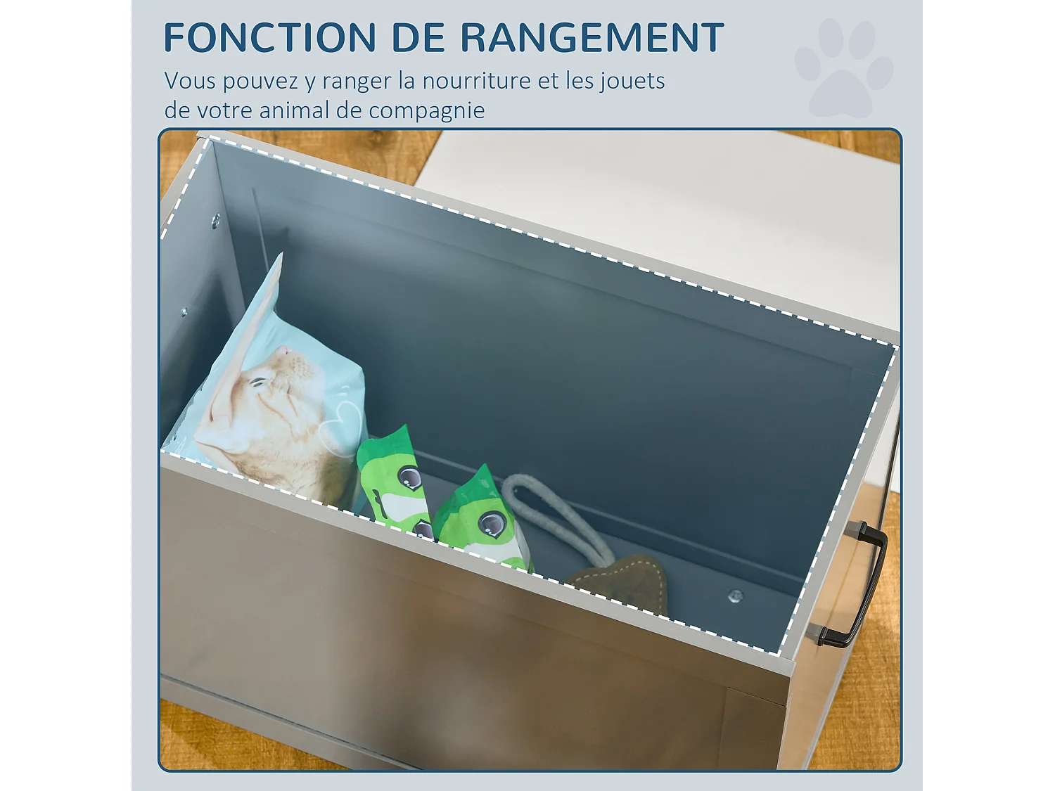 Gamelle double chien chat Porte-gamelles surélevé dim. 60L x 30l x 41H cm 2 gamelles poignées coffre MDF gris