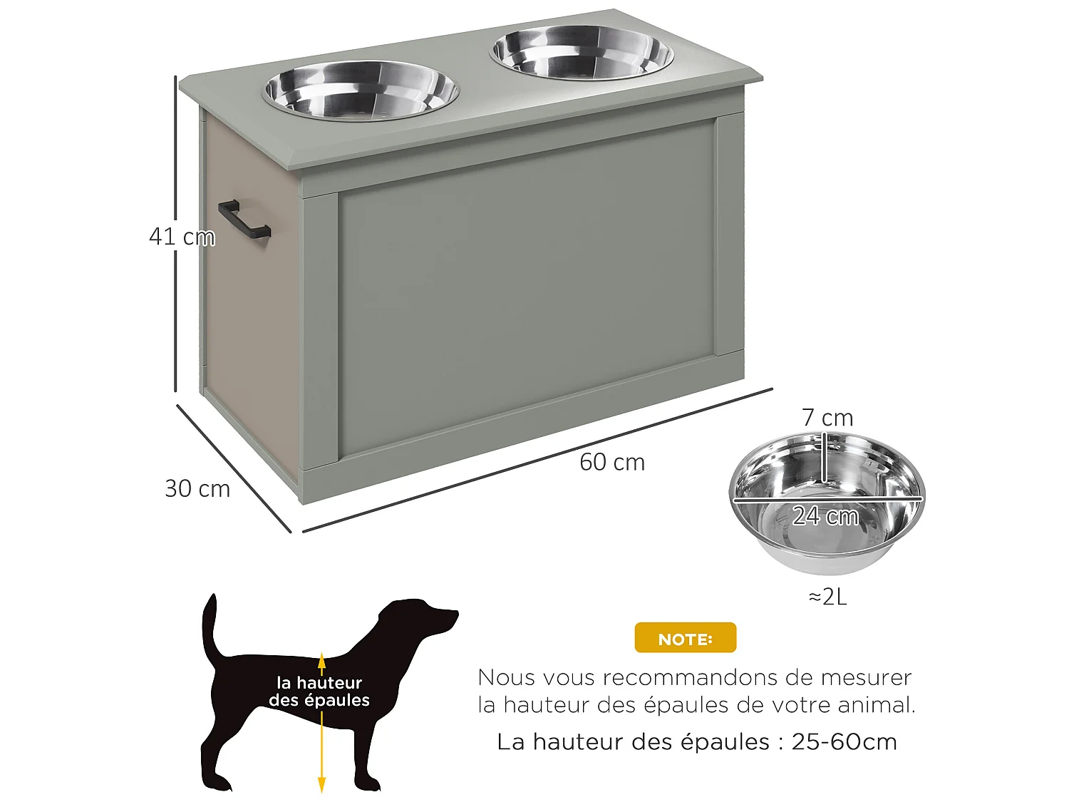 Gamelle double chien chat Porte-gamelles surélevé dim. 60L x 30l x 41H cm 2 gamelles poignées coffre MDF gris