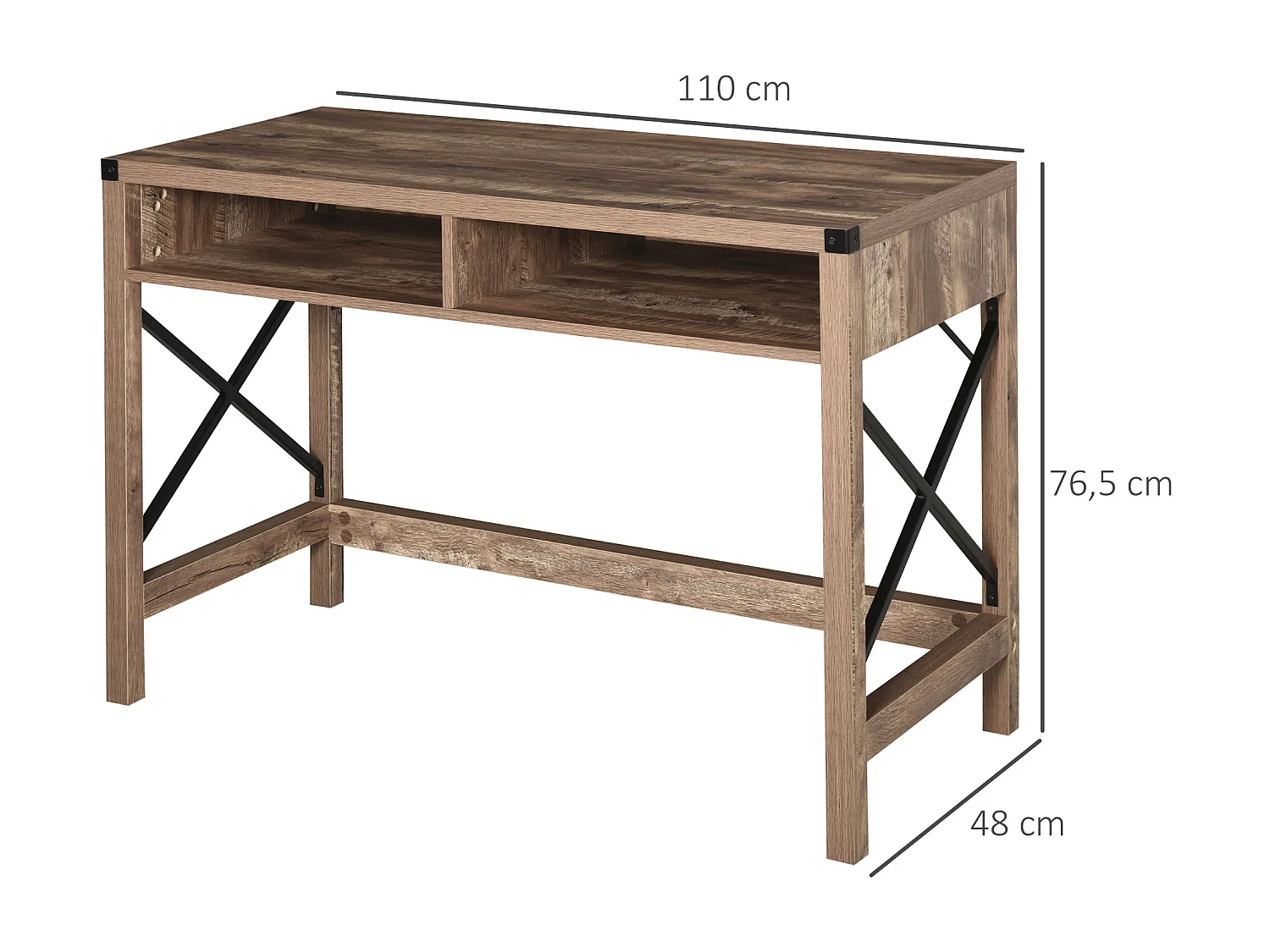 Bureau design industriel grand plateau 2 niches métal noir panneaux particules imitation bois veinage marron