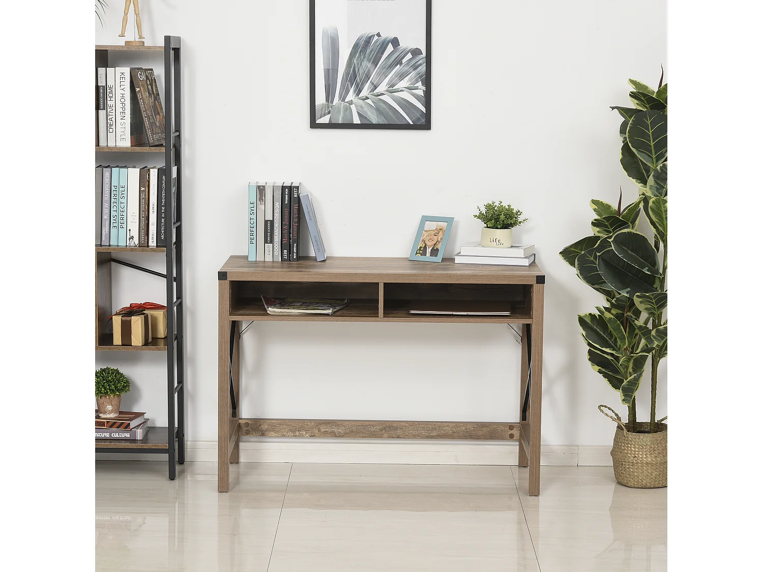 Bureau design industriel grand plateau 2 niches métal noir panneaux particules imitation bois veinage marron