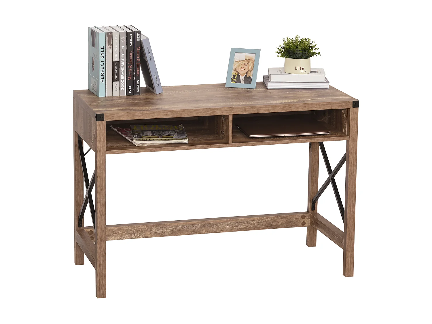 Bureau design industriel grand plateau 2 niches métal noir panneaux particules imitation bois veinage marron