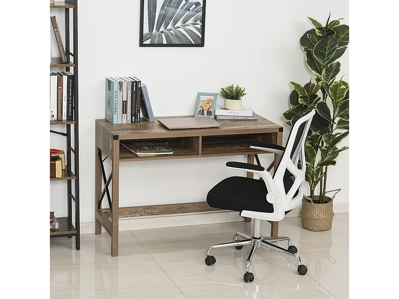 Bureau design industriel grand plateau 2 niches métal noir panneaux particules imitation bois veinage marron