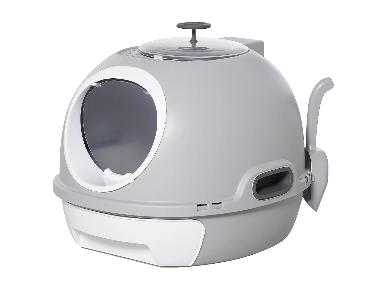 Maison de toilette portable pour chat tiroir à litière coulissant porte battante lucarne + pelle fournis dim. 47L x 55l x 44H cm gris