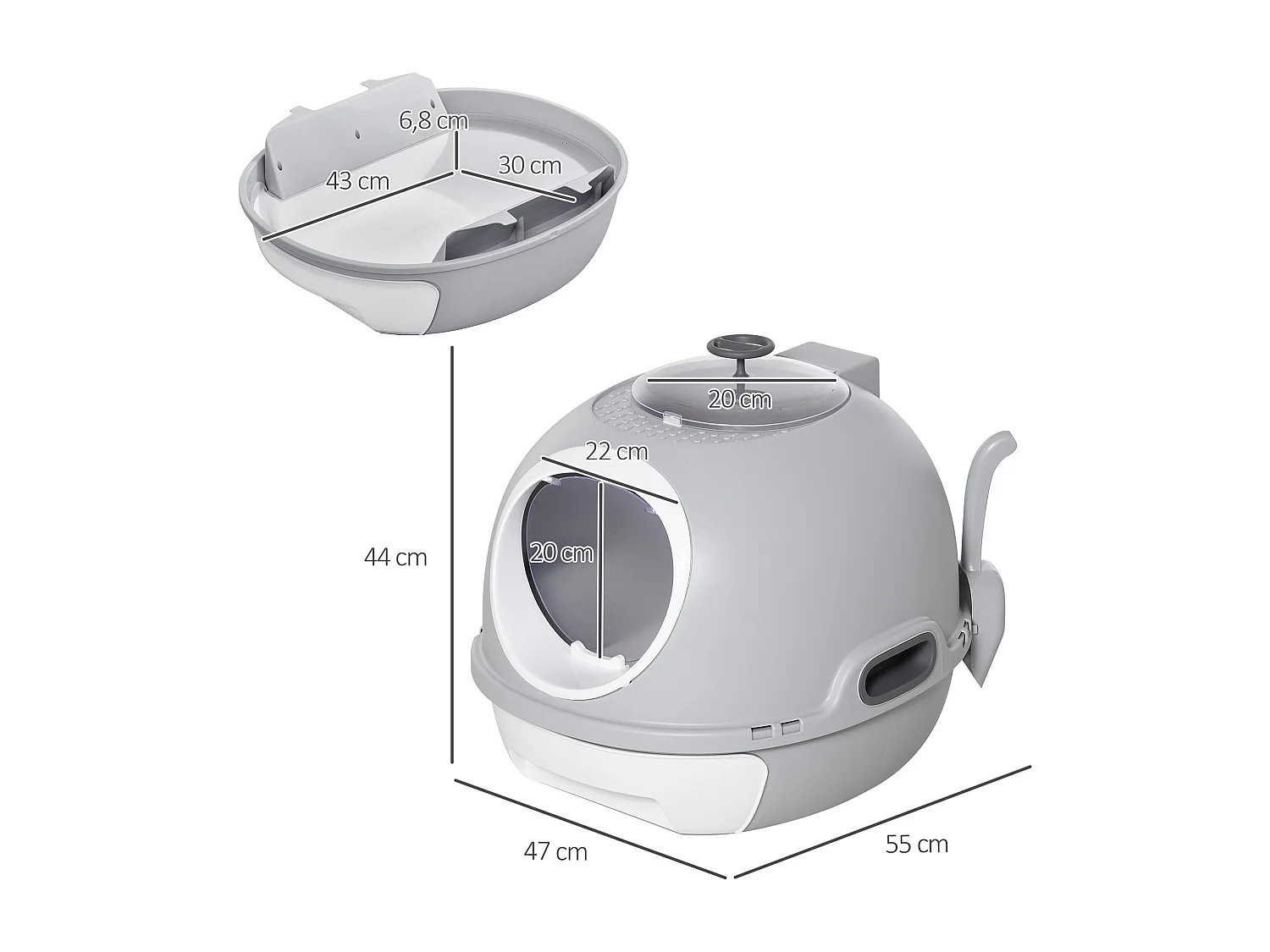 Maison de toilette portable pour chat tiroir à litière coulissant porte battante lucarne + pelle fournis dim. 47L x 55l x 44H cm gris