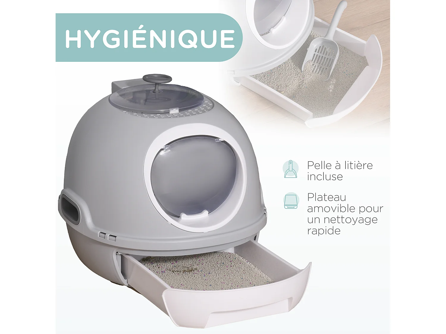 Maison de toilette portable pour chat tiroir à litière coulissant porte battante lucarne + pelle fournis dim. 47L x 55l x 44H cm gris