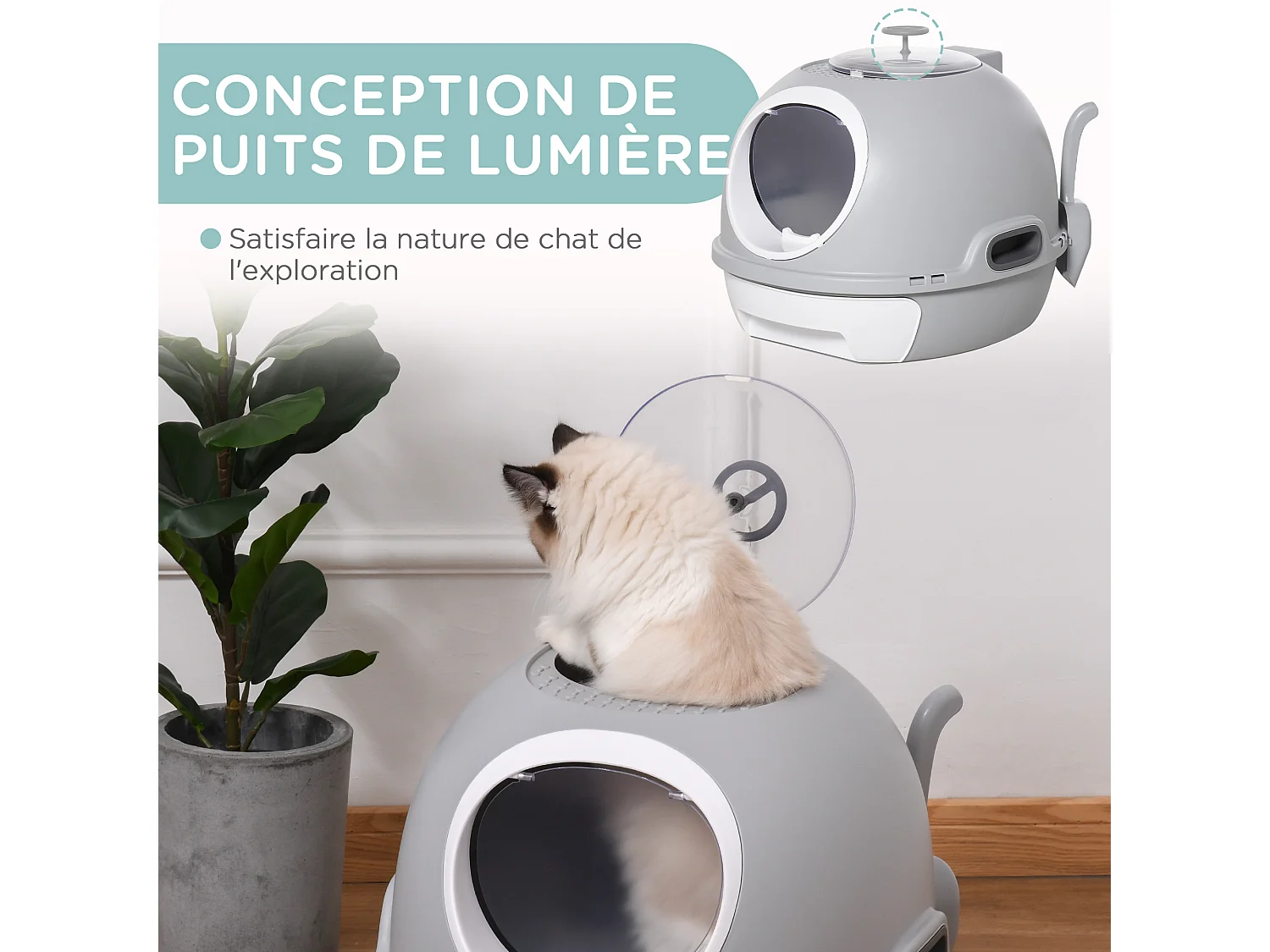 Maison de toilette portable pour chat tiroir à litière coulissant porte battante lucarne + pelle fournis dim. 47L x 55l x 44H cm gris