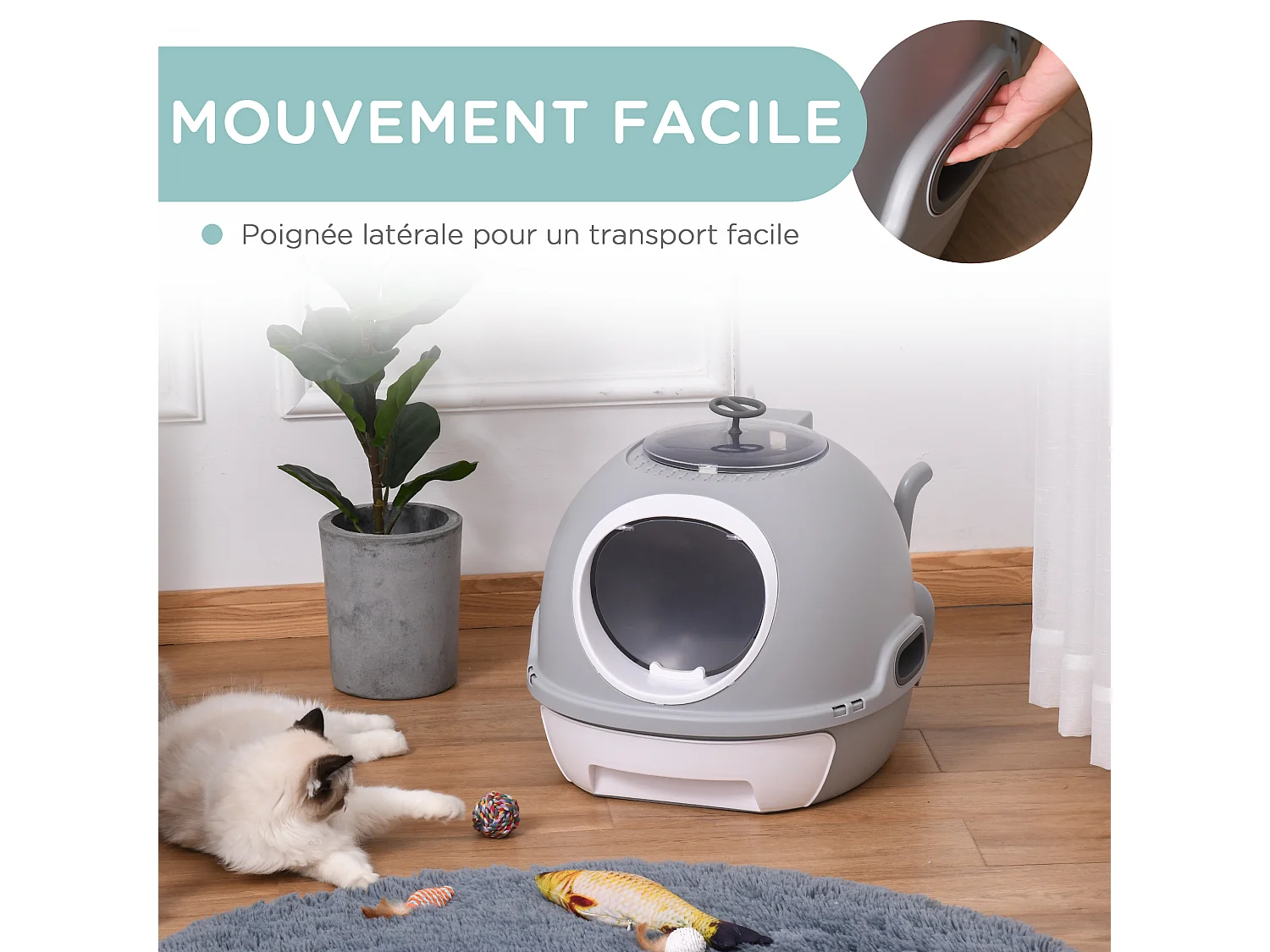 Maison de toilette portable pour chat tiroir à litière coulissant porte battante lucarne + pelle fournis dim. 47L x 55l x 44H cm gris