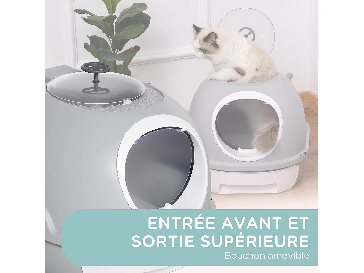 Maison de toilette portable pour chat tiroir à litière coulissant porte battante lucarne + pelle fournis dim. 47L x 55l x 44H cm gris