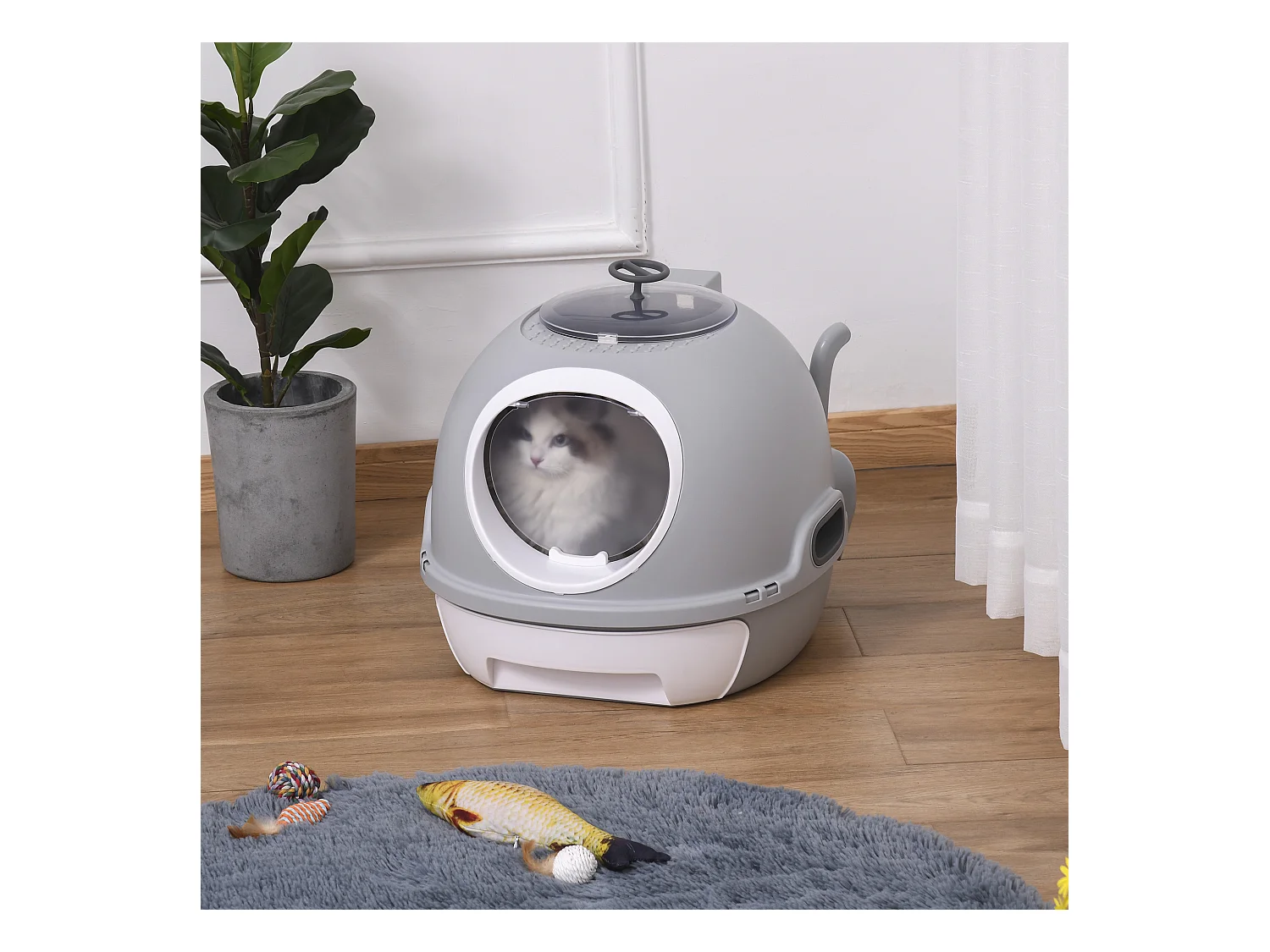 Maison de toilette portable pour chat tiroir à litière coulissant porte battante lucarne + pelle fournis dim. 47L x 55l x 44H cm gris