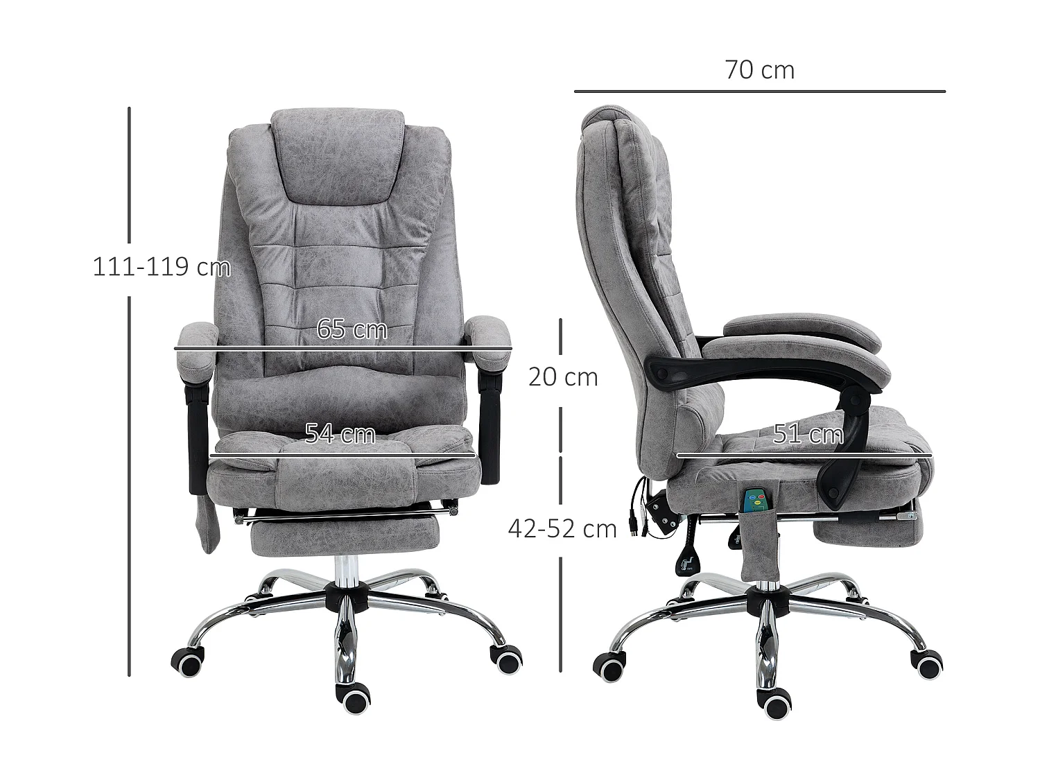 Fauteuil de bureau direction massant chauffant hauteur réglable dossier inclinable repose-pied rétractable tissu technique gris