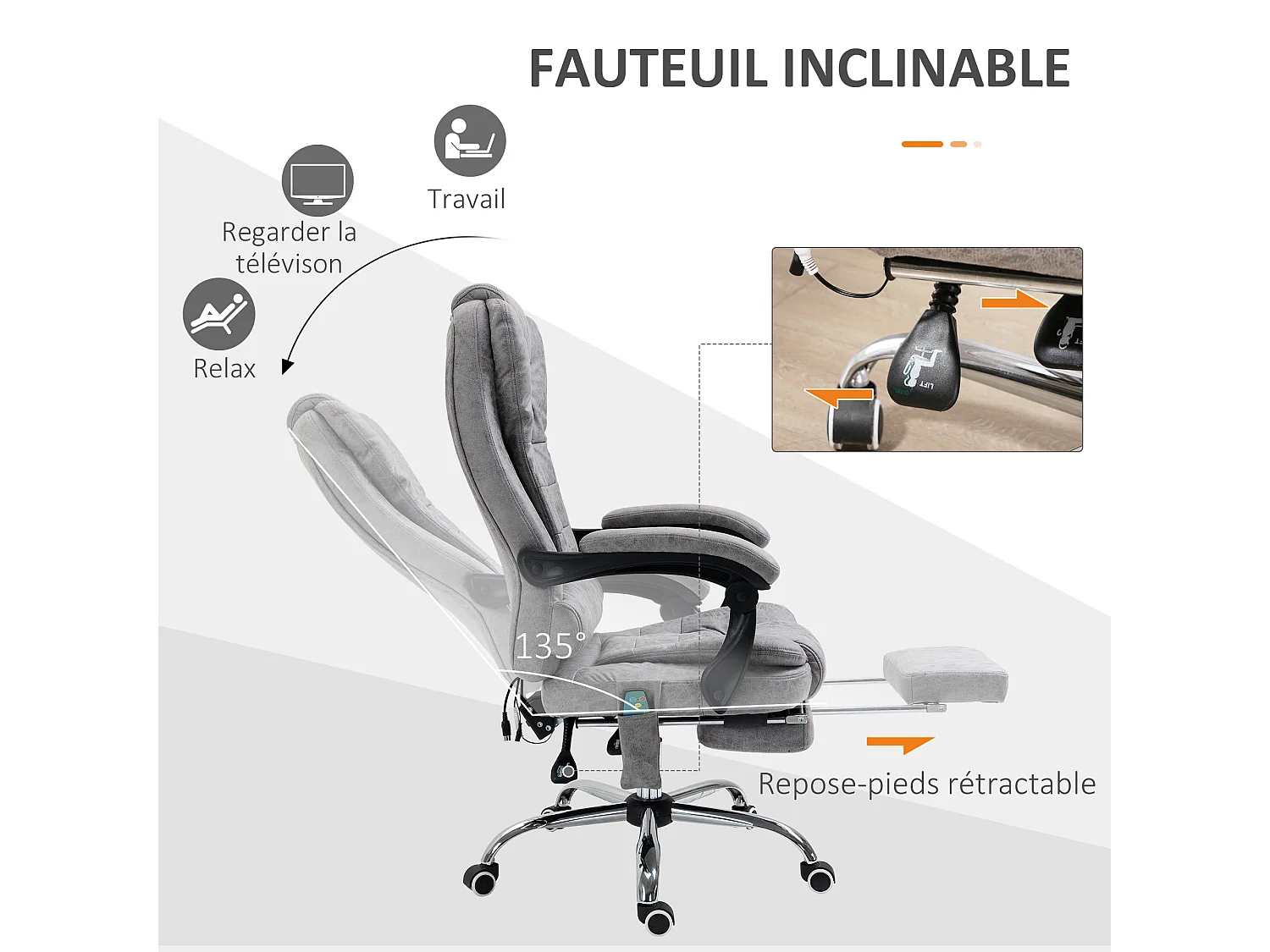 Fauteuil de bureau direction massant chauffant hauteur réglable dossier inclinable repose-pied rétractable tissu technique gris