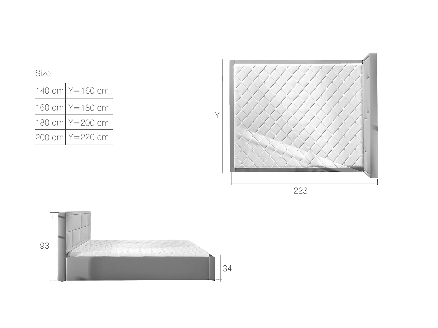 Lit Quadro S (140x200)/Tissu-Bleu