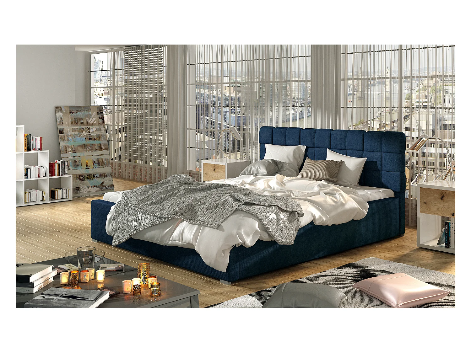 Lit Wesly  L (180x200)/Tissu-Bleu