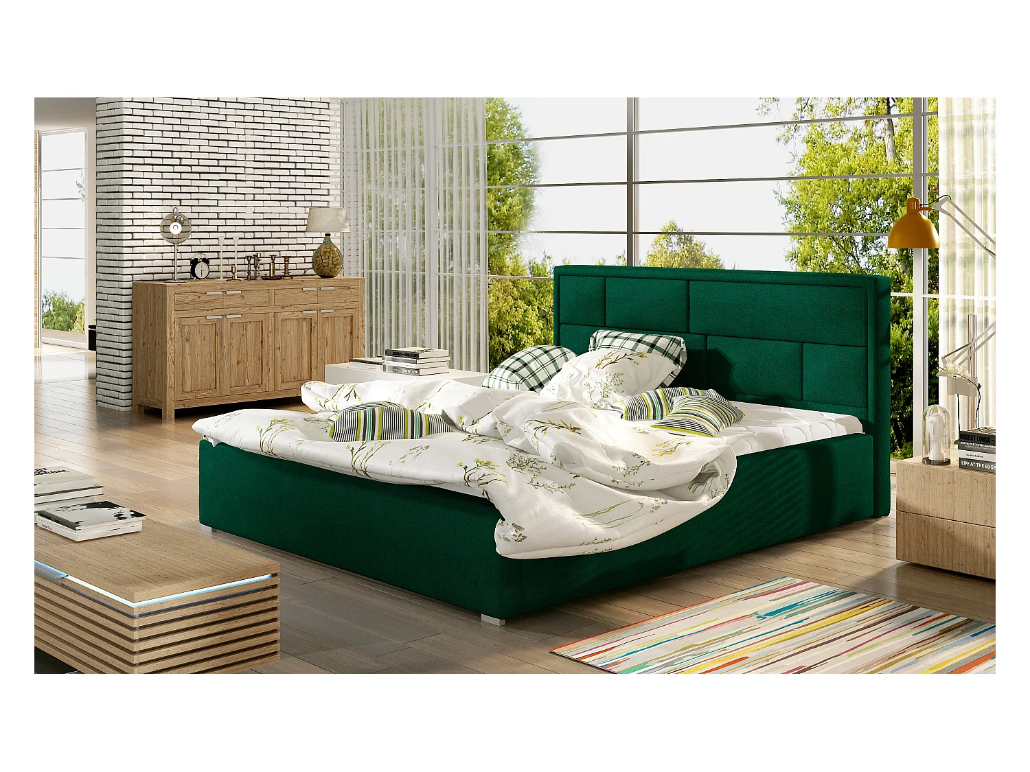Letto Quadro S (140x200)/Tessuto/Verde