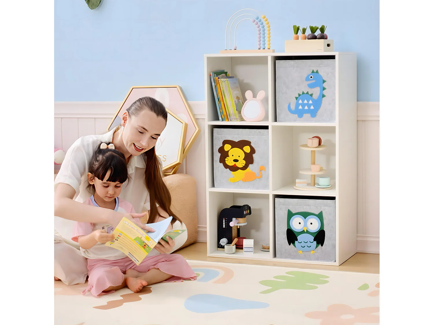Meuble de rangement jouets enfant étagère de jouet pour chambre d'enfant 6 casiers 3 tiroirs non tissé MDF blanc