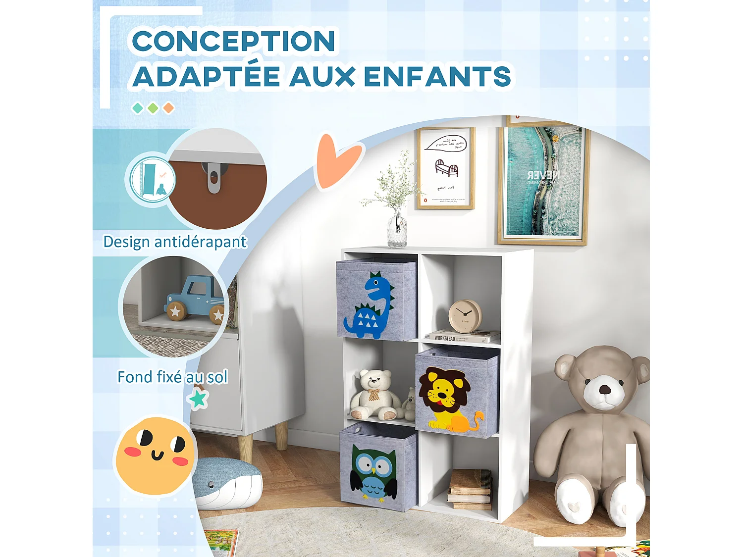 Meuble de rangement jouets enfant étagère de jouet pour chambre d'enfant 6 casiers 3 tiroirs non tissé MDF blanc