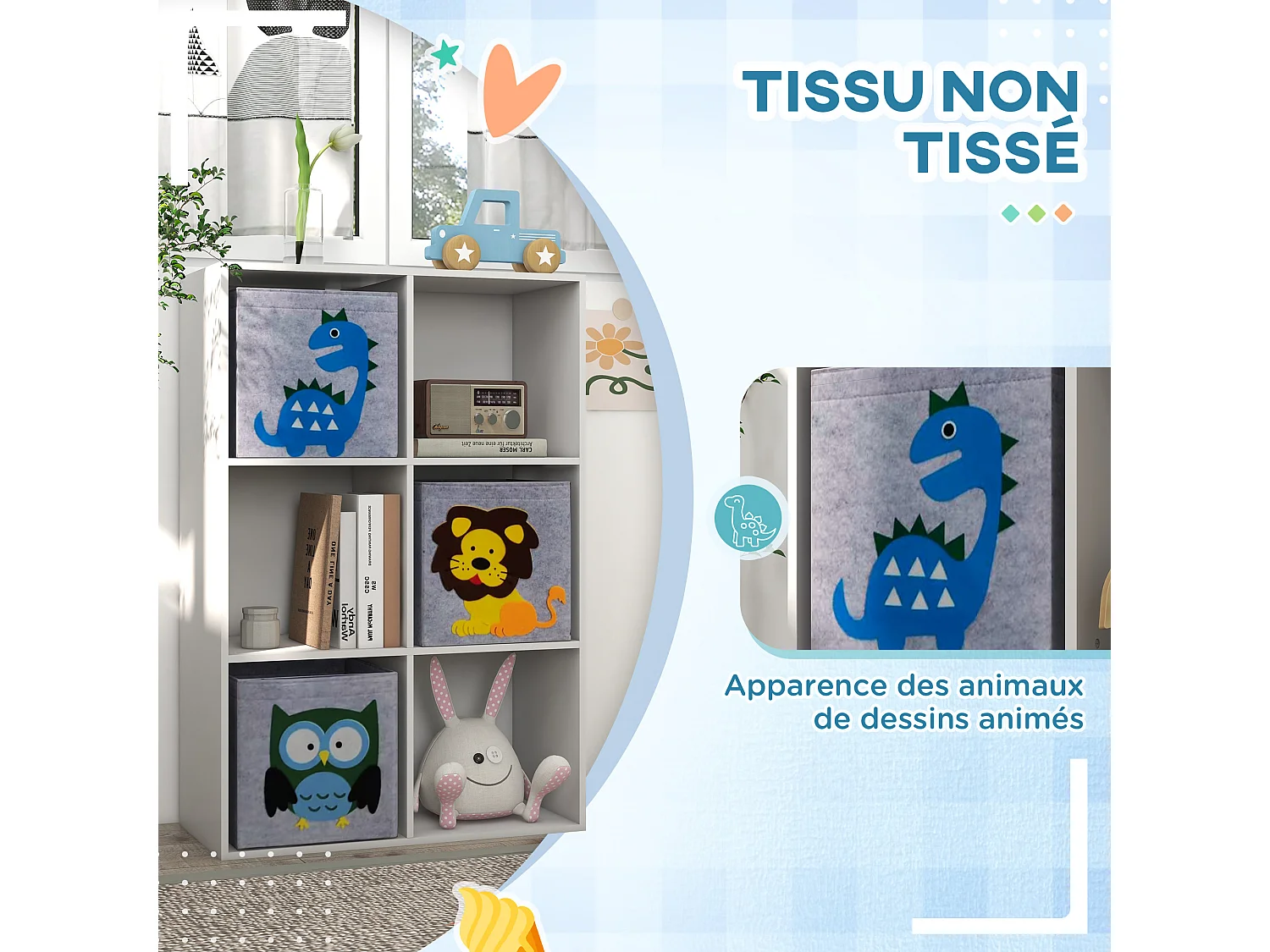 Meuble de rangement jouets enfant étagère de jouet pour chambre d'enfant 6 casiers 3 tiroirs non tissé MDF blanc